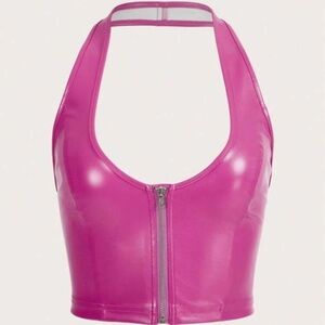 Shein Icon pink leather halter crop top